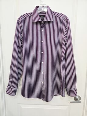 BOSS By Hugo Boss Dress Purple Stripe Button-Down Cotton Men's Shirt Size 16